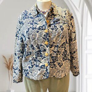 Coldwater Creek 2X Navy Blue & Cream Floral 100% Cotton Denim Button Jacket